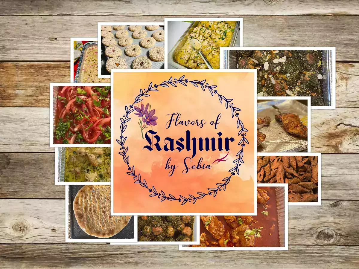 Flavour Of Kashmir brand image with Kashmiri home and wazwan dishes collage, California, USA